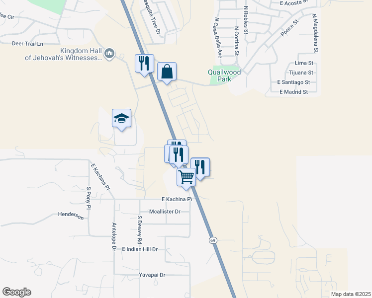 map of restaurants, bars, coffee shops, grocery stores, and more near 15 Arizona 69 in Prescott Valley