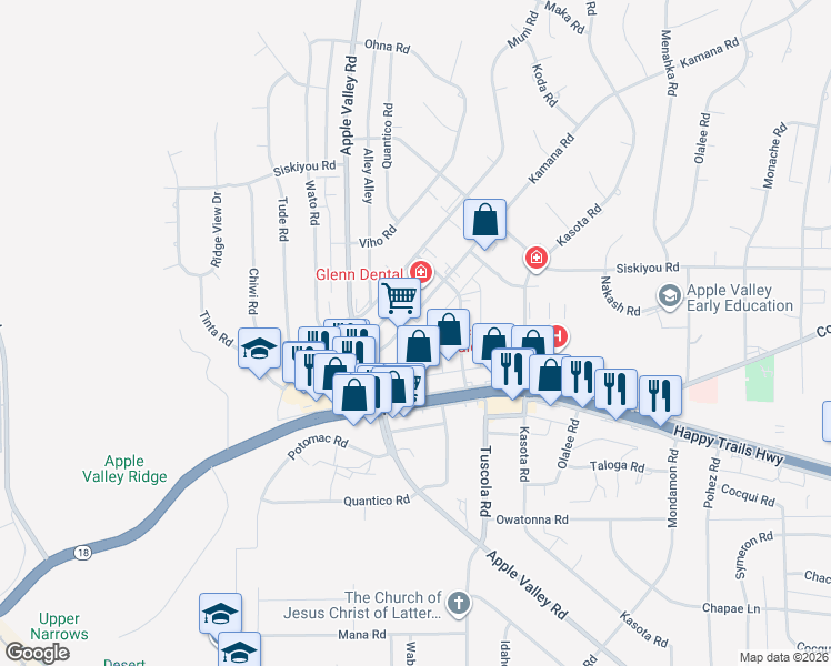 map of restaurants, bars, coffee shops, grocery stores, and more near 16041 Kamana Road in Apple Valley