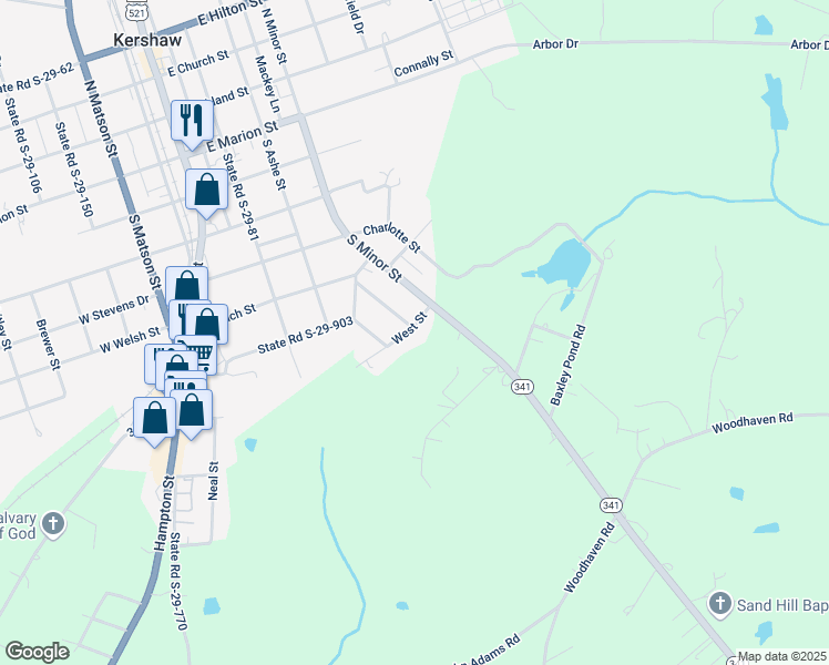 map of restaurants, bars, coffee shops, grocery stores, and more near 154 West Street in Kershaw