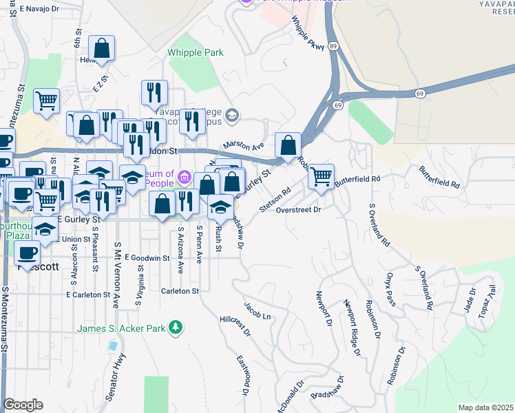 map of restaurants, bars, coffee shops, grocery stores, and more near 1110 Stetson Road in Prescott