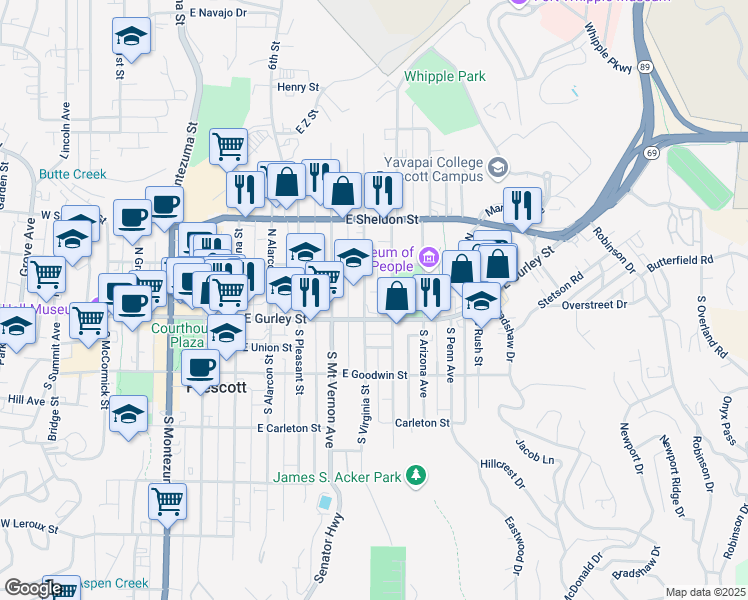 map of restaurants, bars, coffee shops, grocery stores, and more near 620 East Gurley Street in Prescott