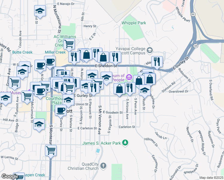 map of restaurants, bars, coffee shops, grocery stores, and more near 620 East Gurley Street in Prescott
