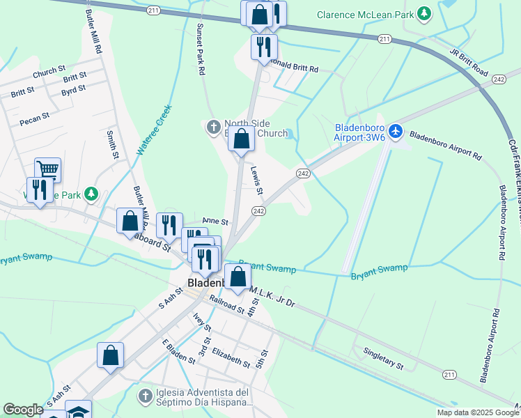 map of restaurants, bars, coffee shops, grocery stores, and more near Elizabethtown Road in Bladenboro