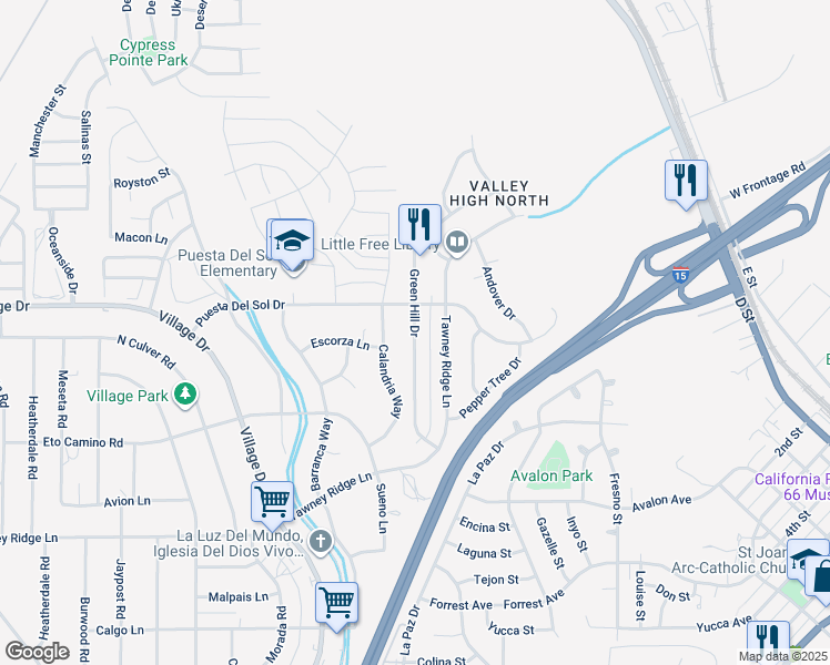 map of restaurants, bars, coffee shops, grocery stores, and more near Green Hill Drive in Victorville