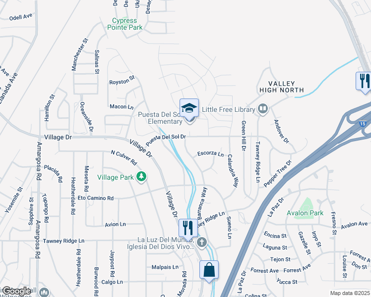 map of restaurants, bars, coffee shops, grocery stores, and more near Barranca Way in Victorville