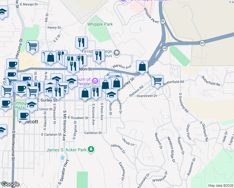 map of restaurants, bars, coffee shops, grocery stores, and more near 125 South Rush Street in Prescott