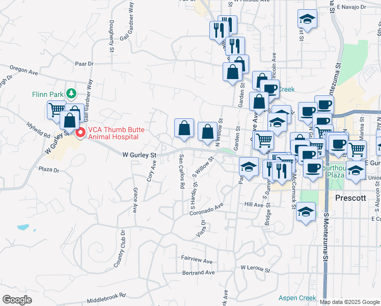 map of restaurants, bars, coffee shops, grocery stores, and more near 111 San Carlos Road in Prescott