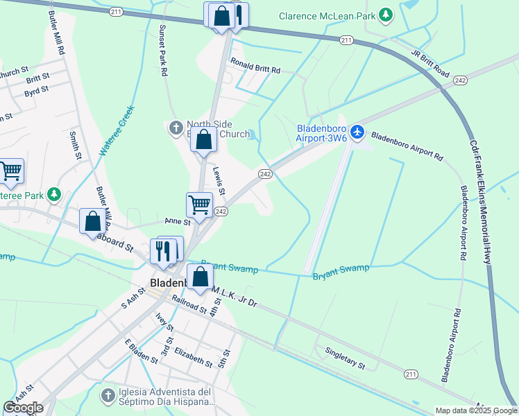 map of restaurants, bars, coffee shops, grocery stores, and more near 419 Elizabethtown Road in Bladenboro