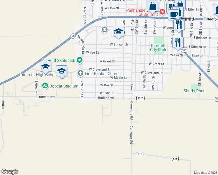 map of restaurants, bars, coffee shops, grocery stores, and more near 700-1030 Pine Street in Dimmitt