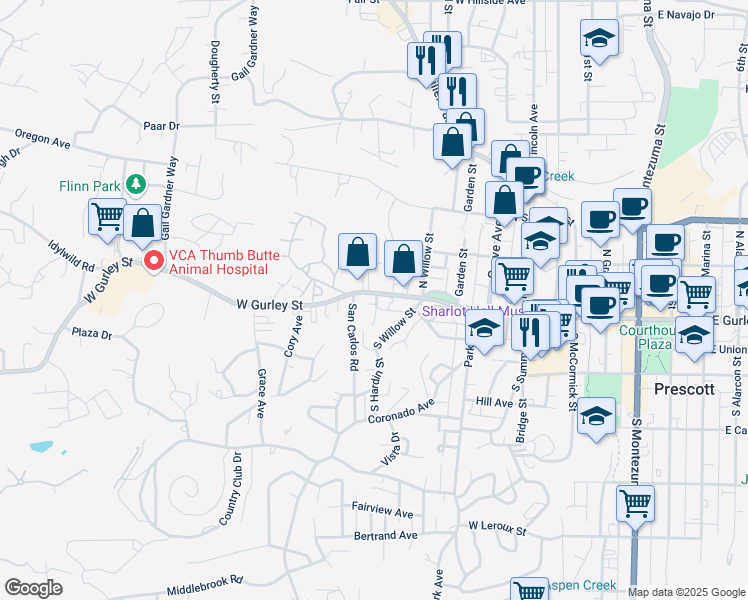 map of restaurants, bars, coffee shops, grocery stores, and more near 111 San Carlos Road in Prescott