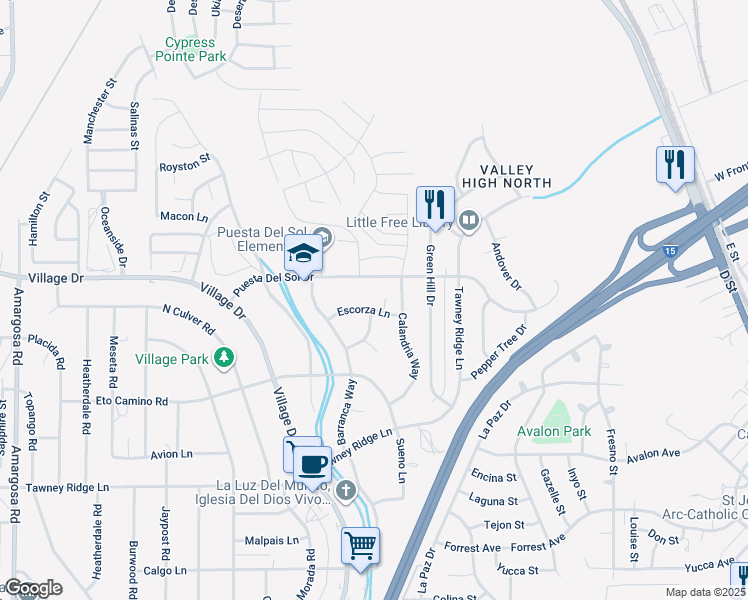 map of restaurants, bars, coffee shops, grocery stores, and more near 16019 Llano Lane in Victorville