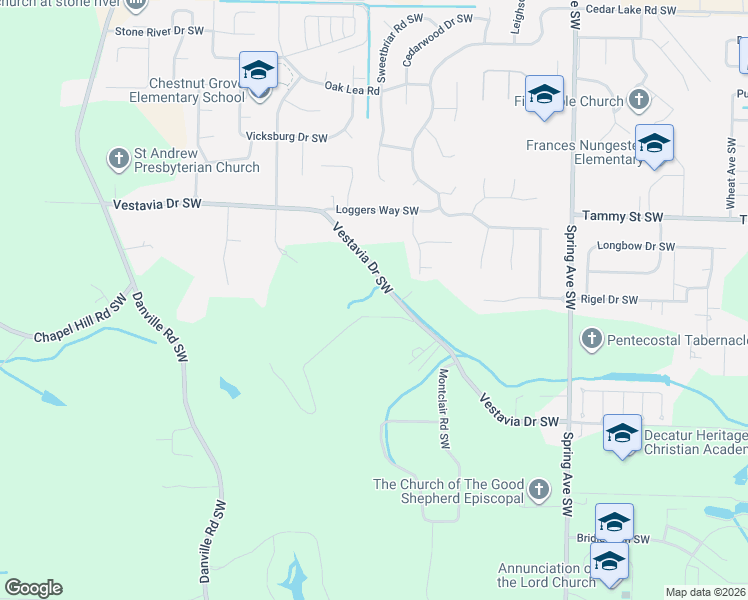 map of restaurants, bars, coffee shops, grocery stores, and more near 1229 Vestavia Drive Southwest in Decatur