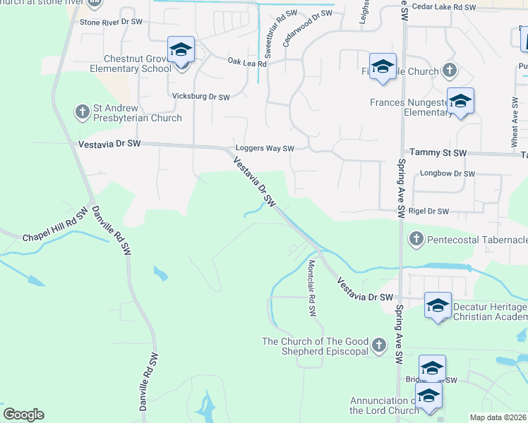 map of restaurants, bars, coffee shops, grocery stores, and more near 1229 Vestavia Drive Southwest in Decatur