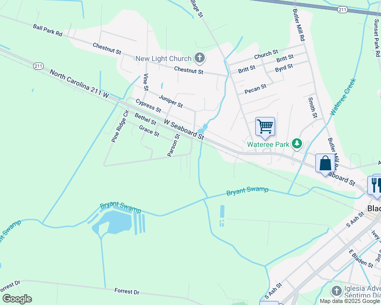 map of restaurants, bars, coffee shops, grocery stores, and more near Oak Street in Bladenboro