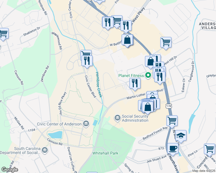 map of restaurants, bars, coffee shops, grocery stores, and more near 3111 Martin Luther King Junior Boulevard in Anderson