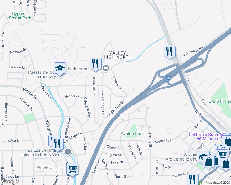 map of restaurants, bars, coffee shops, grocery stores, and more near 16254 Puesta Del Sol Drive in Victorville