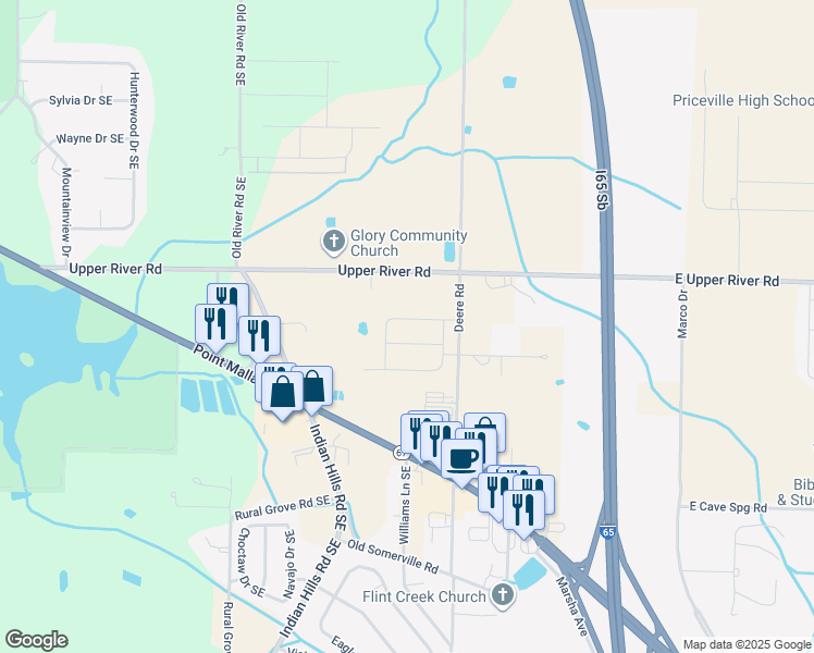 map of restaurants, bars, coffee shops, grocery stores, and more near 3105 Upper River Road in Decatur