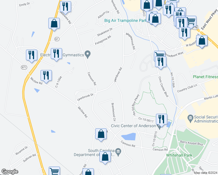 map of restaurants, bars, coffee shops, grocery stores, and more near Overbrook Drive in Anderson