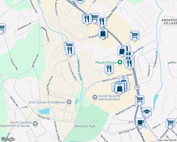 map of restaurants, bars, coffee shops, grocery stores, and more near 3111 Martin Luther King Junior Boulevard in Anderson
