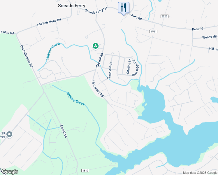 map of restaurants, bars, coffee shops, grocery stores, and more near 108 Little Current Lane in Sneads Ferry