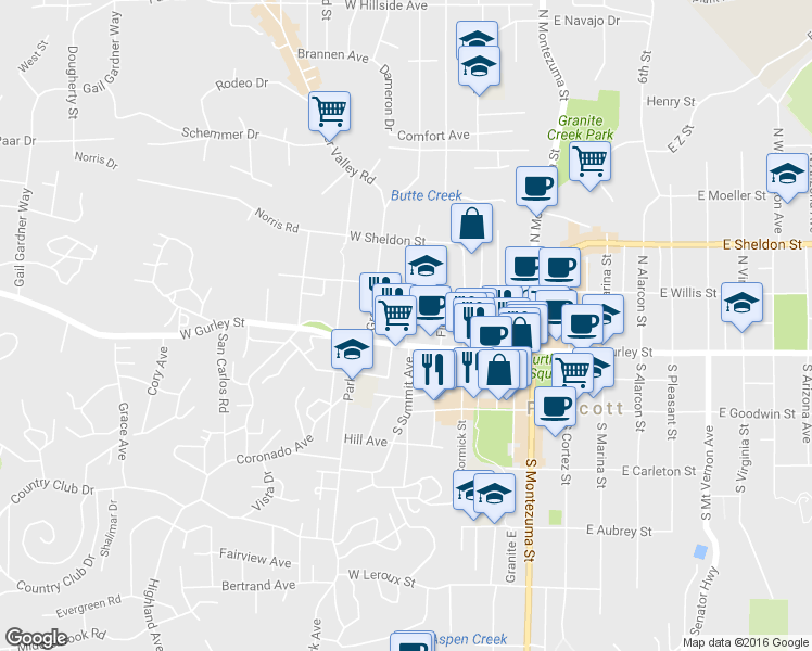 map of restaurants, bars, coffee shops, grocery stores, and more near 131 N Summit Ave in Prescott