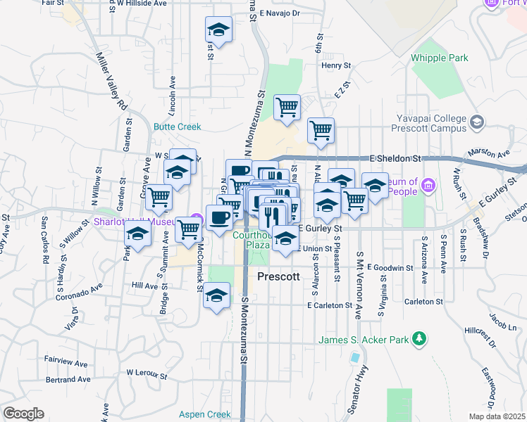 map of restaurants, bars, coffee shops, grocery stores, and more near 104 North Cortez Street in Prescott