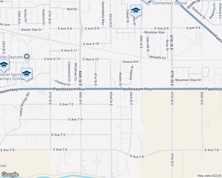 map of restaurants, bars, coffee shops, grocery stores, and more near Pearblossom Hwy & 42nd St E in Palmdale