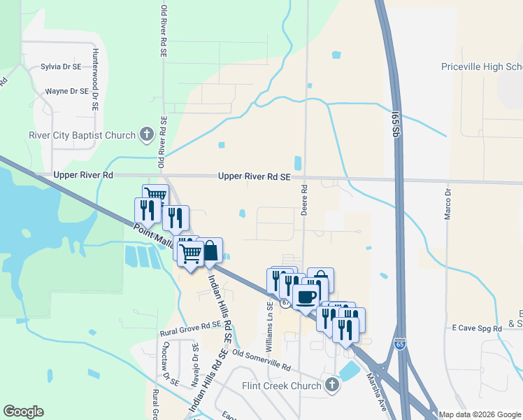 map of restaurants, bars, coffee shops, grocery stores, and more near 3125 Upper River Road in Decatur