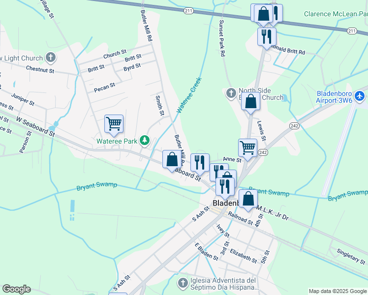 map of restaurants, bars, coffee shops, grocery stores, and more near 213 Butler Mill Road in Bladenboro