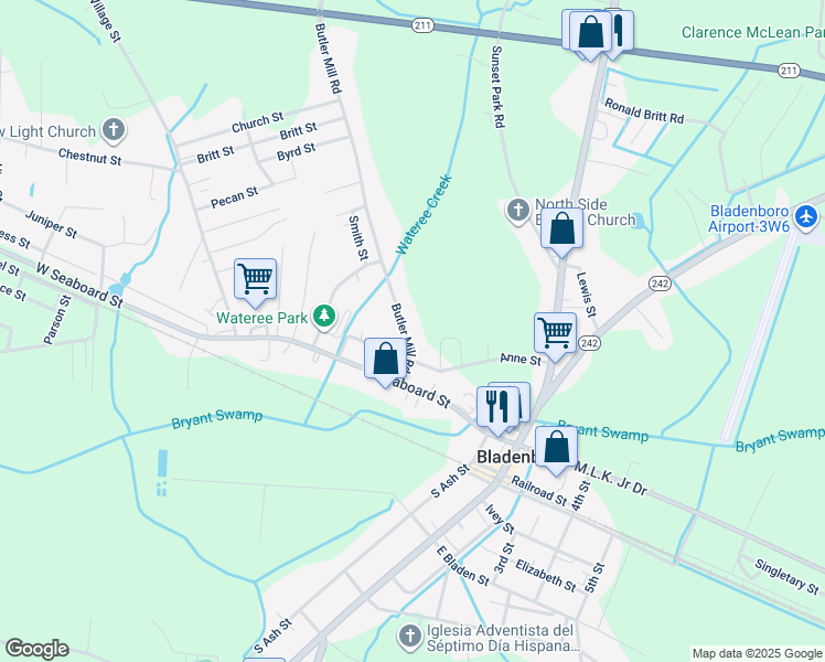 map of restaurants, bars, coffee shops, grocery stores, and more near 213 Butler Mill Road in Bladenboro