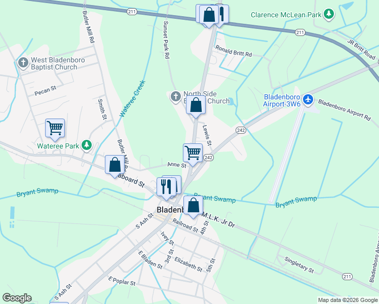 map of restaurants, bars, coffee shops, grocery stores, and more near 412 North Main Street in Bladenboro