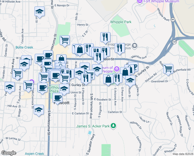map of restaurants, bars, coffee shops, grocery stores, and more near 515 East Willis Street in Prescott