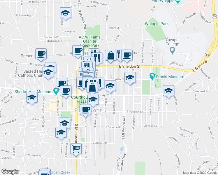 map of restaurants, bars, coffee shops, grocery stores, and more near 145 North Alarcon Street in Prescott