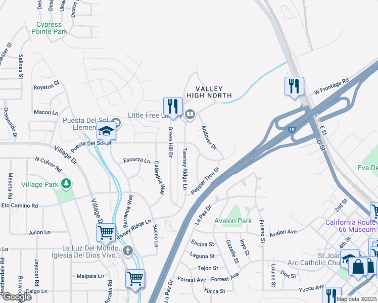 map of restaurants, bars, coffee shops, grocery stores, and more near 16214 Puesta Del Sol Drive in Victorville