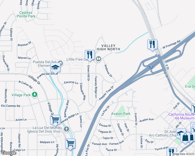 map of restaurants, bars, coffee shops, grocery stores, and more near 16161 Tawney Ridge Lane in Victorville