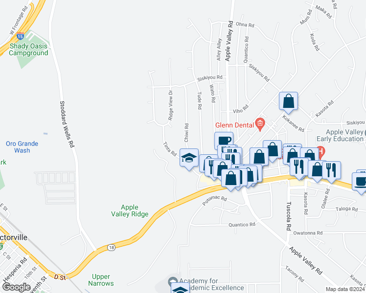 map of restaurants, bars, coffee shops, grocery stores, and more near 16056 Chiwi Road in Apple Valley