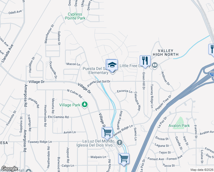 map of restaurants, bars, coffee shops, grocery stores, and more near 16066 Barranca Way in Victorville