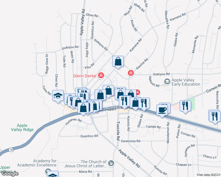 map of restaurants, bars, coffee shops, grocery stores, and more near Tuscola Road in Apple Valley