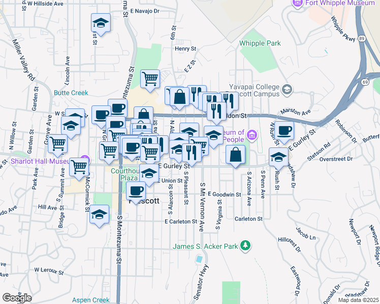 map of restaurants, bars, coffee shops, grocery stores, and more near 125 North Pleasant Street in Prescott