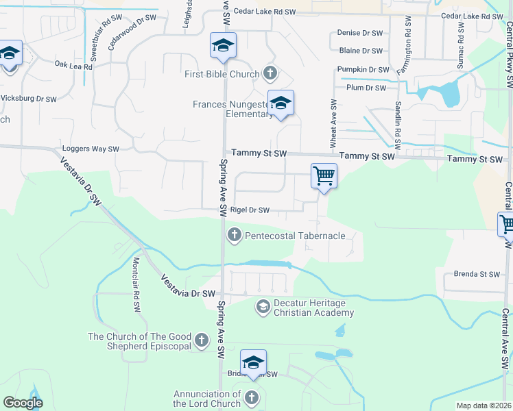 map of restaurants, bars, coffee shops, grocery stores, and more near 3426 Tanglewood Drive Southwest in Decatur