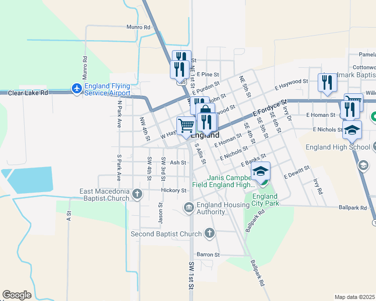 map of restaurants, bars, coffee shops, grocery stores, and more near 115 West Fordyce Street in England