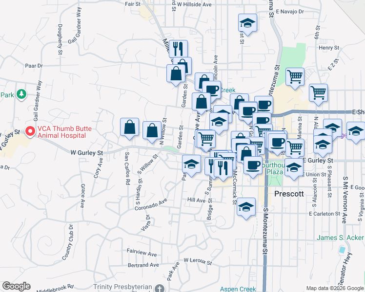map of restaurants, bars, coffee shops, grocery stores, and more near 131 Garden Street in Prescott