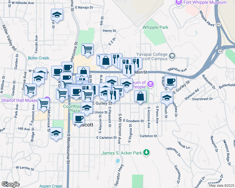 map of restaurants, bars, coffee shops, grocery stores, and more near 128 North Mount Vernon Avenue in Prescott
