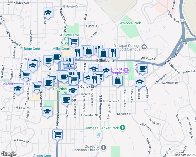 map of restaurants, bars, coffee shops, grocery stores, and more near 128 North Mount Vernon Avenue in Prescott