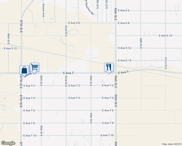map of restaurants, bars, coffee shops, grocery stores, and more near 94th Street East in Sun Village