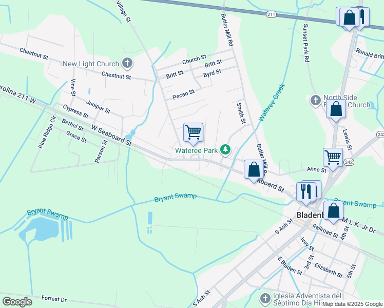 map of restaurants, bars, coffee shops, grocery stores, and more near 1109 West Seaboard Street in Bladenboro
