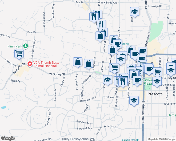 map of restaurants, bars, coffee shops, grocery stores, and more near 127 Brush Street in Prescott