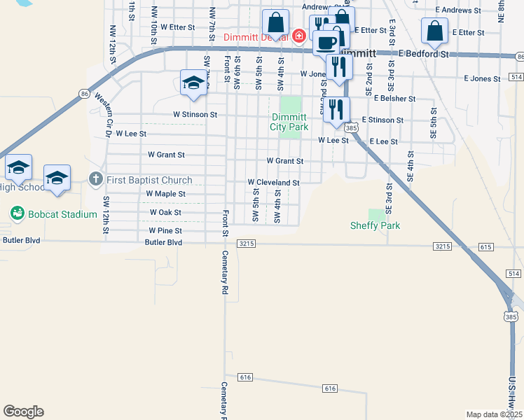 map of restaurants, bars, coffee shops, grocery stores, and more near 711 Southwest 5th Street in Dimmitt