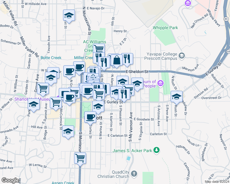 map of restaurants, bars, coffee shops, grocery stores, and more near 145 North Alarcon Street in Prescott
