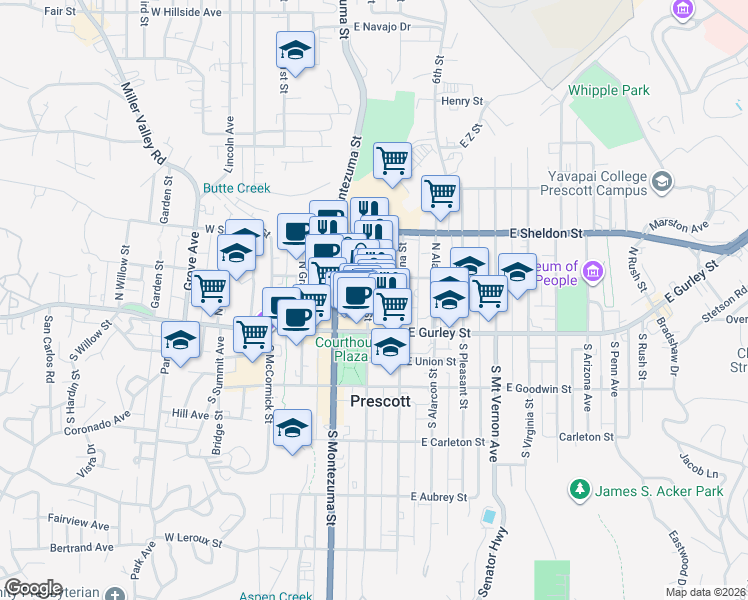 map of restaurants, bars, coffee shops, grocery stores, and more near 145 North Cortez Street in Prescott